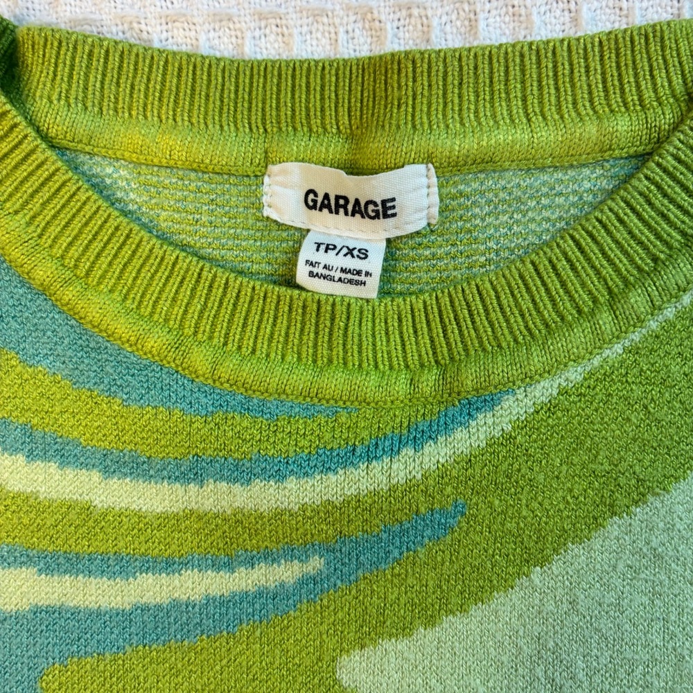 Garage Green Psychedelic Swirl Knit Sweater Vest XS Crew Neck Sleeveless Top - Picture 3 of 5